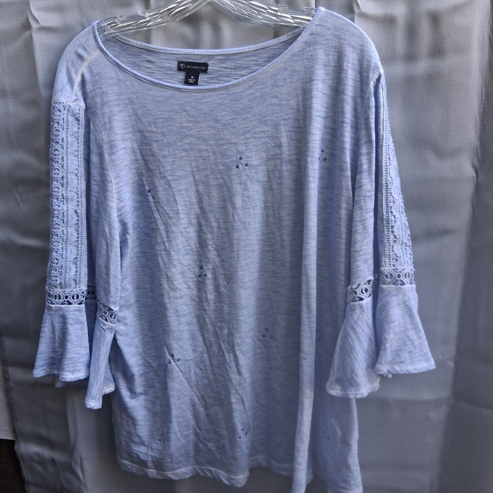 New Directions Women's Medium Bell Sleeve Top Crochet Trim Accents Light Blue